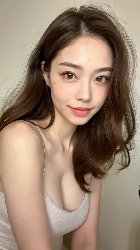 ((highest quality, 8k, masterpiece: 1.3)), 1 female, Japanese Mature,Sensual beauty: 1.3, (Hair style Brown hair Medium wave, big: 1.2), Relaxed loungewear: 1.1, Super slender face, Delicate eyes, double eyelid, Dimples,Mole, Home,relax,smile,Plump body,ve...