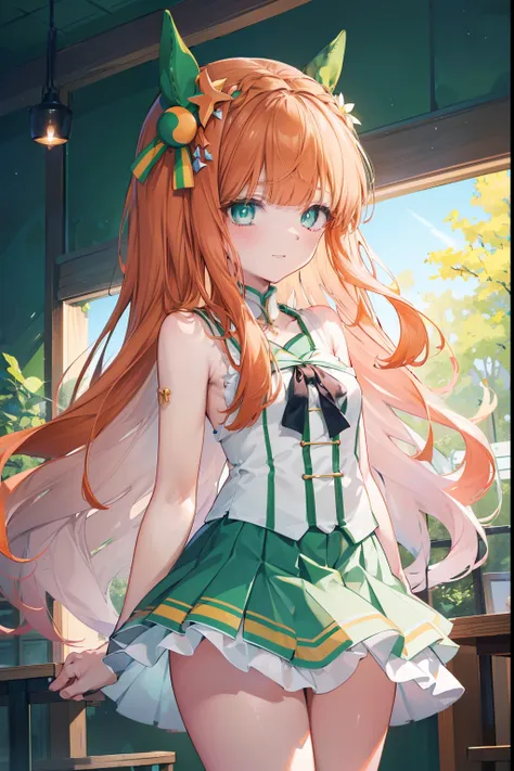 silence suzuka、blush,smile、long hair、orange hair、horse girl、green costume、in uniform、primary school students、the back is very sm...