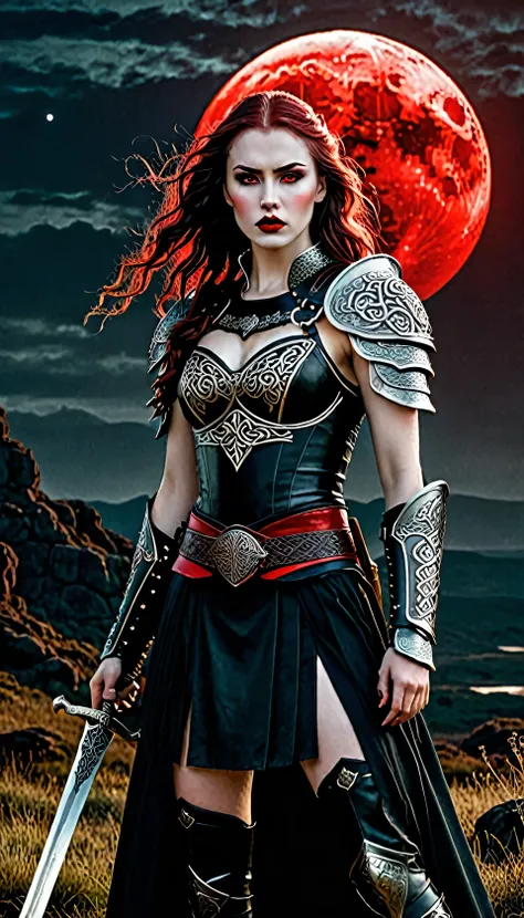 Celtic warrior, sword, wearing leather armored, belts, blood tears, red lips, pale skin, huge red moon in the background, ominous vibe, beautiful color palette, (rough surface:1.2), nature, intricate details, full body, (strong light:1.2),