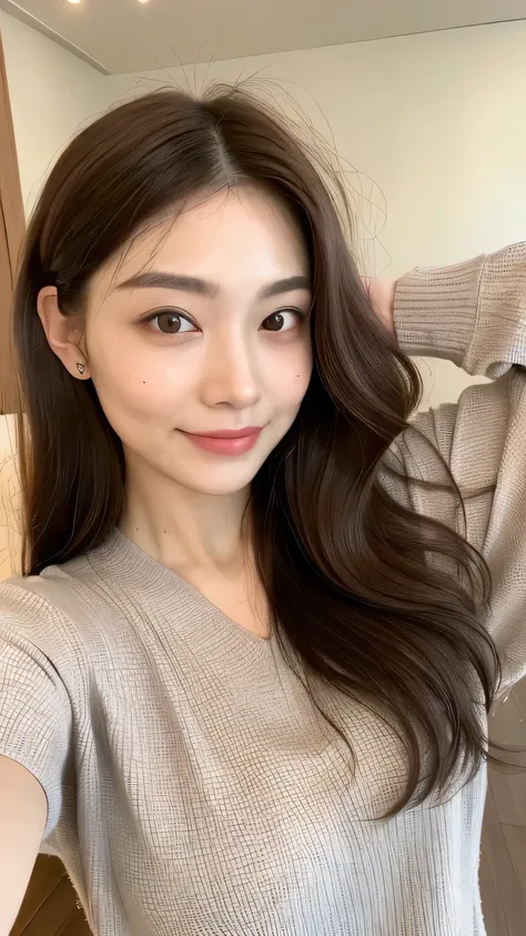 ((highest quality, 8k, masterpiece: 1.3)), 1 female, Japanese Mature,Sensual beauty: 1.3, (Hair style Brown hair Medium wave, big: 1.2), Relaxed loungewear: 1.1, Super slender face, Delicate eyes, double eyelid, Dimples,Mole, Home,smile,Plump body,very thi...