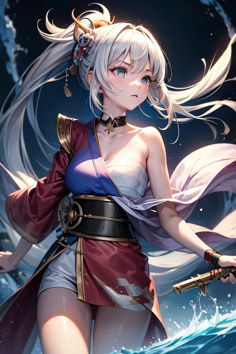 (masterpiece, best quality, dutch angle)(1girl, solo)(white hair,Lapis Lazuli Eyes,Straight long hair)(sarashi,japanese clothes,one shoulder、Wear one kimono:1.4、Long length kimono、One shoulder exposed)(Serious expression, Woman holding a sword:1.3、floating...