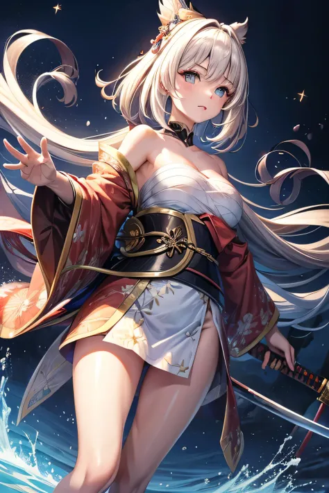 (masterpiece, best quality, dutch angle)(1girl, solo)(white hair,lapis lazuli eyes,straight long hair)(sarashi,japanese clothes,...