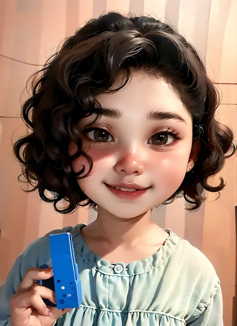 super cute girl IP by popmart,natural light,Adorable,Youthful,Animated, pixar style,Medium curly hair, he smile, gray background