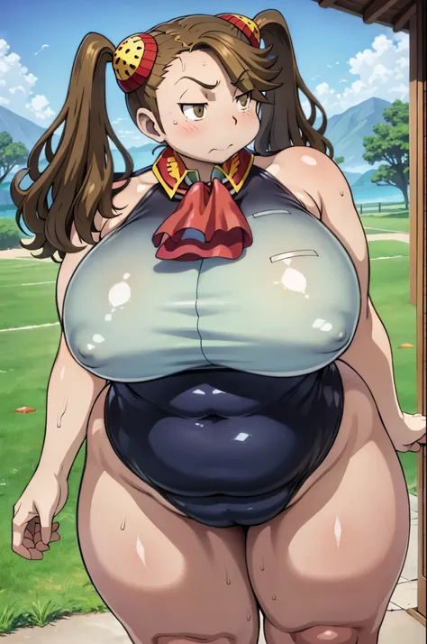 A girl wearing a one-piece swimsuit((From before)),Brown Hair,Light brown eyes,pigtails,BIG Boned,On the ground,steam,vapor,thick calf,Thick arms,Thick legs,tall,Sweat,Being outside,weather((Clear skies)),Puffy nipples,,Beautiful curves,Spread your legs