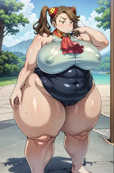 A girl wearing a one-piece swimsuit((From before)),Brown Hair,Light brown eyes,pigtails,BIG Boned,On the ground,steam,vapor,thick calf,Thick arms,Thick legs,tall,Sweat,Being outside,weather((Clear skies)),Puffy nipples,,Beautiful curves,Spread your legs