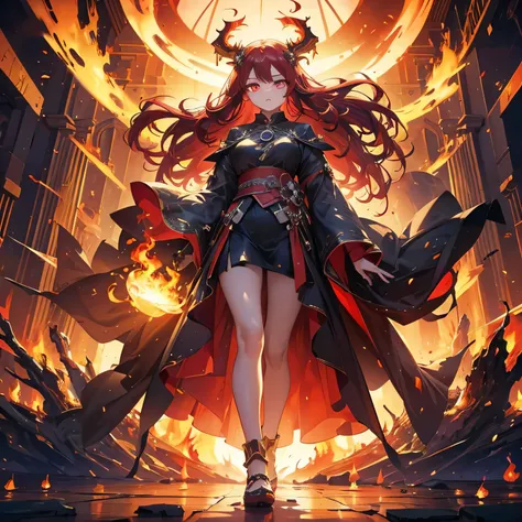 digital art, full body, masterpiece, best quality, in the center of the frame, 1girl, empress, imposing pose, ((casting a spell)) detailed face, super detailed glowing red eyes, ((glowin eyes:1.2)) long flowing red hair, detailed hair, inside a temple, wel...