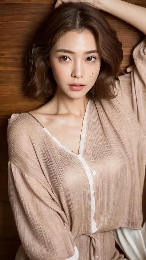 ((highest quality, 8k, masterpiece: 1.3)), 1 female, Japanese Mature,Sensual beauty: 1.3, (Hair style Brown hair Medium wave, big: 1.2), Nightwear: 1.1, Super slender face, Delicate eyes, double eyelid, Dimples,Mole, Home,Plump body,very thick legs,Cowboy ...