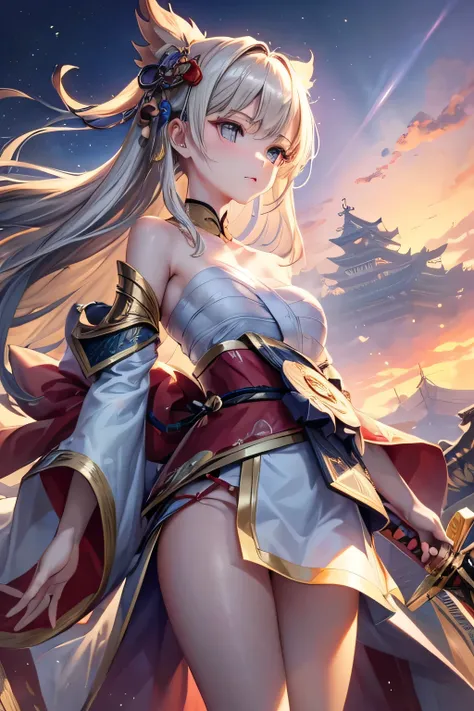 (masterpiece, best quality, dutch angle)(1girl, solo)(white hair,Lapis Lazuli Eyes,Straight long hair)(sarashi,japanese clothes,one shoulder、Wear one kimono:1.4、Long length kimono、One shoulder exposed)(Serious expression, Woman holding a sword:1.3、floating...