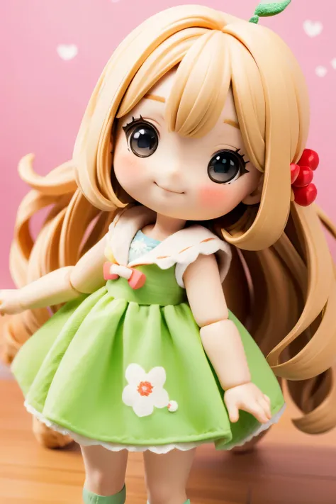 Photorealistic、Chibi Girl Doll（Apple-themed clothing、Have a magic wand、smile）