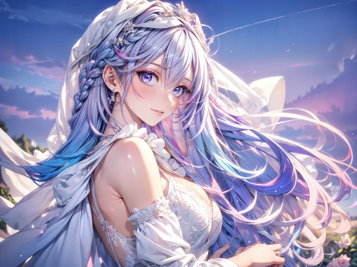 (masterpiece, best quality, beautiful and aesthetic:1.3), look back, side view, 1girl, solo, light smile, (Silver blue hair streaked pink purple:1.4), (Gradient sky blue hair ends:1.6), hair strand, absurdly long hair, single sidelock, wavy hair, shiny ha...