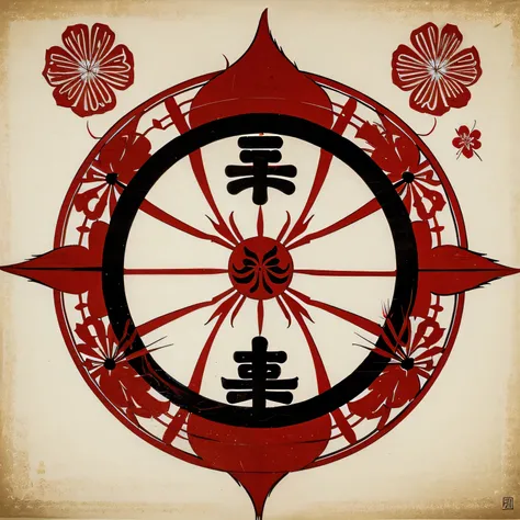 Japanese clan symbol with tomoe and red spider lilly flower