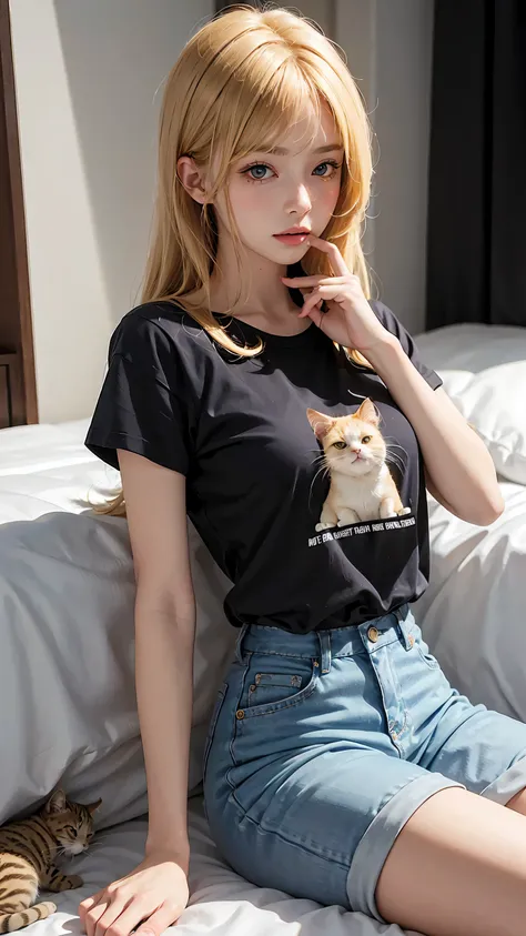 Masterpiece, best quality, super fine, 16k, medium hair, blonde color hair, T-shirt with cat illustration,