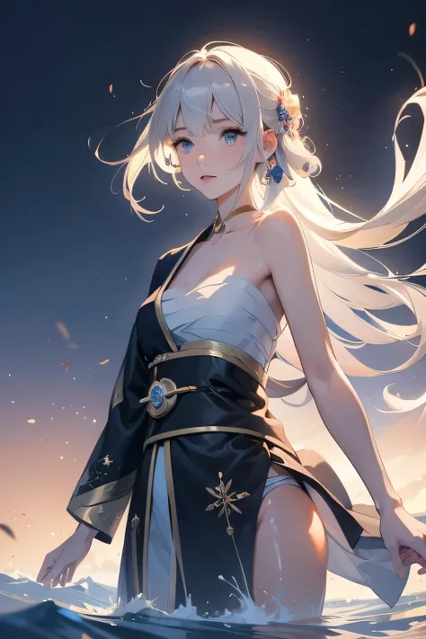 (masterpiece, best quality, dutch angle)(1girl, solo)(white hair,Lapis Lazuli Eyes,Straight long hair)(sarashi,japanese clothes,one shoulder、Wear one kimono:1.4、Long length kimono、One shoulder exposed)(Serious expression, Woman holding a sword:1.3、floating...