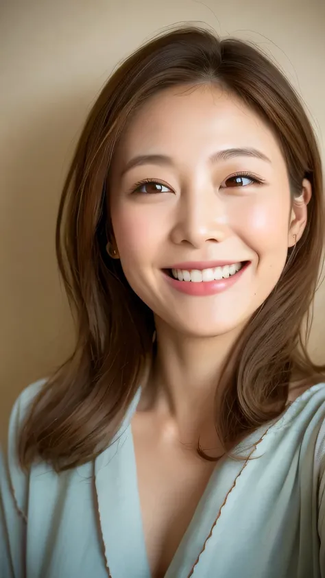 ((highest quality, 8k, masterpiece: 1.3)), 1 female, Japanese Mature,Sensual beauty: 1.3, (Hair style Brown hair Medium wave, big: 1.2), Nightwear: 1.1, Super slender face, Delicate eyes, double eyelid, (((Open your mouth,Smiling face,)))Mole, Home,Plump b...