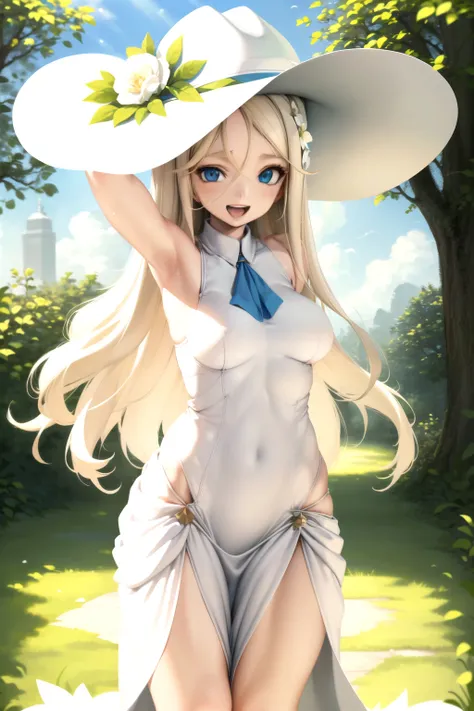 1girl, long hair, breasts, looking at viewer, smile, open mouth, blue eyes, blonde hair, hat, dress, flower, outdoors, teeth, sleeveless, armpits, white dress, tree, rose, white headwear, white flower, sun hat, hat flower, on head, sundress, masterpiece, b...