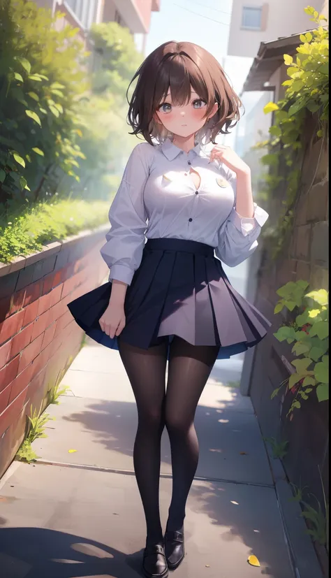 one girl、positive、from above、full body portrait、brown haired、medium haircut、blush、absolute area、knee socks、stockings、pantyhose、レ...