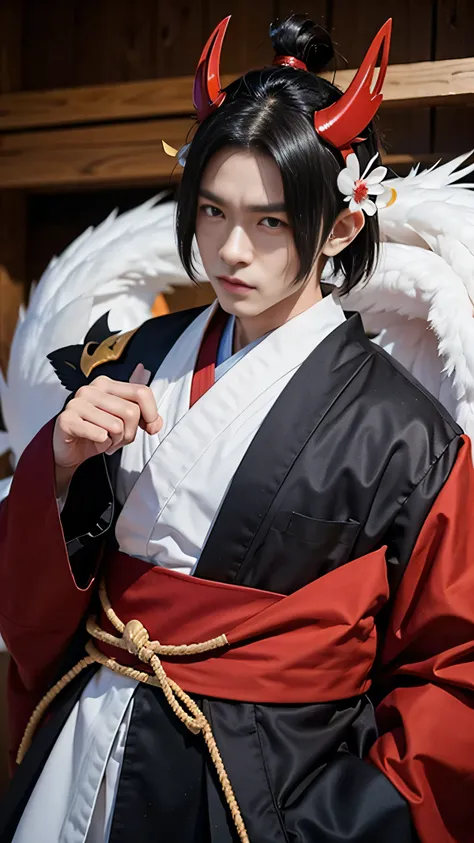 A man transforms into a Tengu、Onmyoji&#39;s plan (Japanese folk gods) 、Hairy、Grey hair framing the bird&#39;s sharp beak、Falling white feathers、Long wings ready to fly 、Traditional Japanese style kimono、A simple background puts the focus on the transformat...