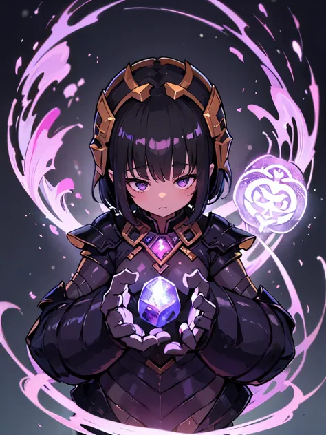 Golem girl, magical construct, black short hair, purple narrow eyes, runic armor, no emotional face.