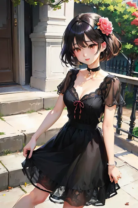 階段でポーズをとる黒いドレスを着たanime girlsが髪に赤い花をつけている, 黒いドレスを着たanime girls, cute anime waifu in a nice dress,  in a dress, 魅力的なanime girls, 美...