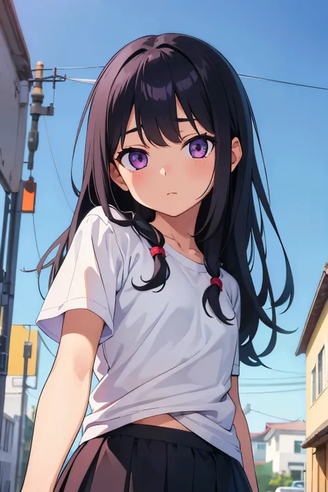 Elementary school girl, 8 years old　Flat chest, black hair, long hair, purple eyes　White large short-sleeved T-shirt on the upper body　White panties on lower body（（I can see her panties）） barefoot　Girl&#39;s Room　On the bed　holding the hem of the shirt　Sit...