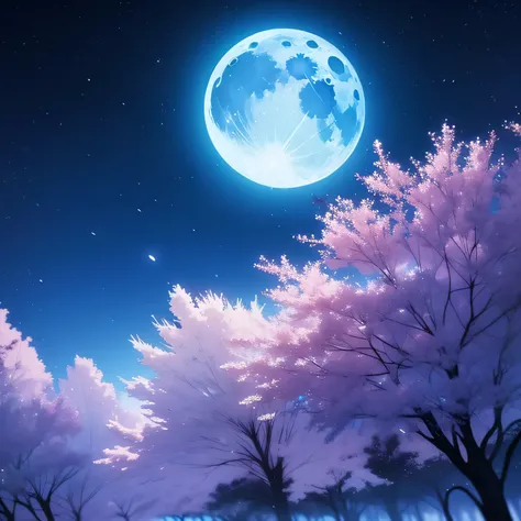 Night scenery with moon, A bright moon in the sky ( sem pessoas) e uma floresta no fundo, ceu negro, anime scenery,  with ultra-realistic lines and details in high definition.