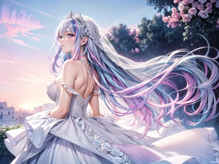 (masterpiece, best quality, beautiful and aesthetic:1.3), look back, side view, 1girl, solo, light smile, (Silver blue hair streaked pink purple:1.4), (Gradient sky blue hair ends:1.6), hair strand, absurdly long hair, single sidelock, wavy hair, shiny ha...
