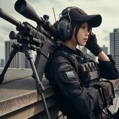 ８ｋ,Realistic Skin Texture、Realistic Photo、Japanese woman in SWAT sniper team、Rooftop、A sniper rifle is propped up against the wall、Rising　He is holding his hand to his ear and talking on an intercom、cap backwards、noon、Dynamic pose、Innovative composition、Fu...