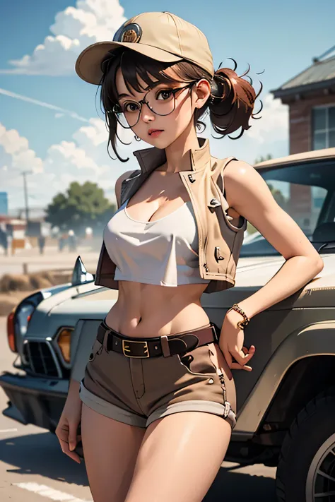 (masterpiece, best quality), 1girl,  FioDef, hat, crop top, shorts, midriff, vest, navel, belt, short shorts, tank top, cleavage, brown shorts