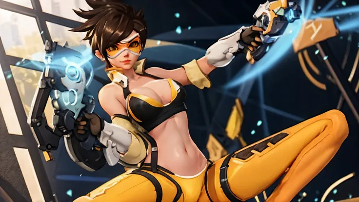 Tracer from overwatch is wearing a slutty bikini and posing for a porn. yellow sneakers, squatting, spread legs, sexy pose, front view, blushing, freckles, looking at viewer, small breasts,