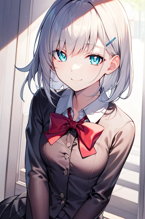 detectivelunch break, smile, short hair, bangs, blue eyes, shirt, hair accessories, long sleeve, skirt, bow, white hair, hairpin...