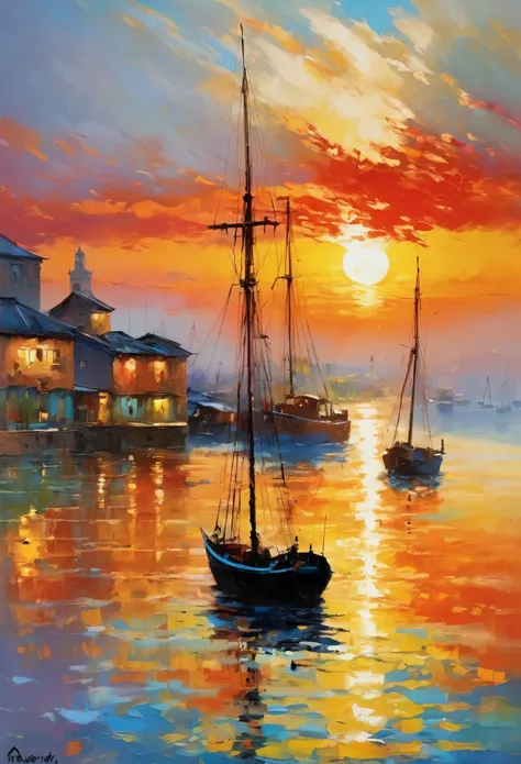 cozy rooms, 壁に大きなoil, painter of light, monet's paintings, impressionist painting, oil, harbour sunrise scenery, the sea is depi...