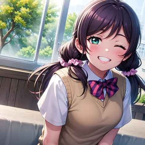 (masterpiece, best quality, ultra-detailed), (illustration), (beautiful detailed eyes), (1girl), (solo), toujou nozomi, green eyes, long hair, low twintails, scrunchie, long hair, looking at viewer, smile, bow, twintails, school uniform, green eyes, upper ...