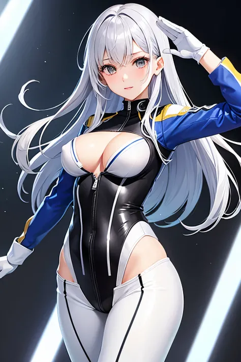 （（（highest quality、first-clasasterpiece、Normal body、8k、Detailed face、Ultra-precision、Normal hand、Normal finger、５Finger、）））Brightly colored hair、Silver Hair、Shortcuts、A tight, revealing pilot suit、Thin leotard pilot suit、See-through high-cut pilot suit、Chan...