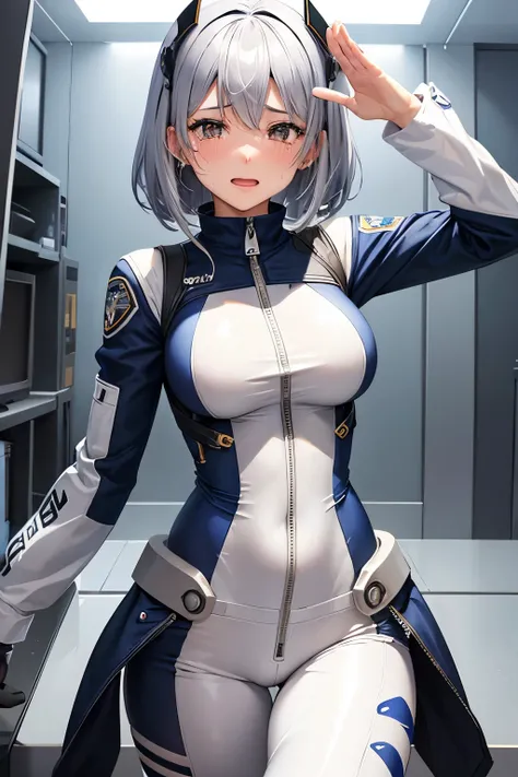 （（（highest quality、first-clasasterpiece、Normal body、8k、Detailed face、Ultra-precision、Normal hand、Normal finger、５Finger、）））Brightly colored hair、Silver Hair、Shortcuts、A tight, revealing pilot suit、Thin leotard pilot suit、See-through high-cut pilot suit、Sexy...