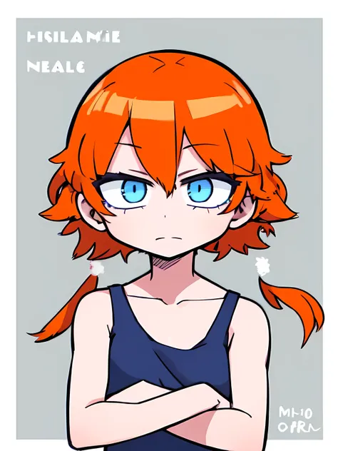 1girl,solo,upper body,short low twintails,orange curly hair,(((blue eyes))),white tanktop