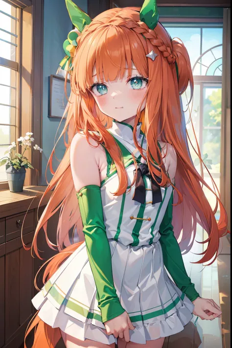 silence suzuka、blush,smile、long hair、orange hair、horse girl、green costume、in uniform、primary school students、the back is very sm...