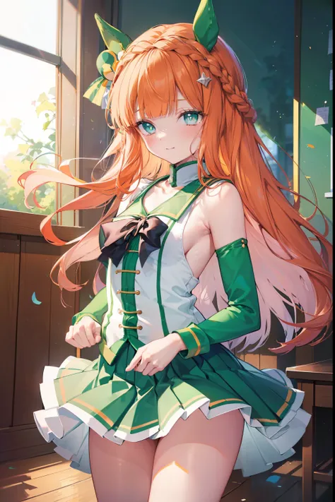 silence suzuka、blush,smile、long hair、orange hair、horse girl、green costume、in uniform、primary school students、the back is very sm...