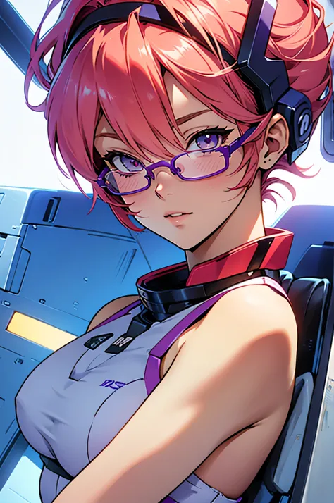 anime,An illustration,purple robot,Mobile Suit,Dom,Light blue check dress,Red glasses,Blonde,Light blue mesh hair,beautiful girl,Sora Sakurano,one person