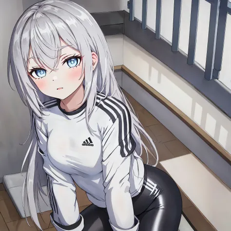 1alisa, solo, blue eye, front of the body, white shirt, adidas black leggings, (masterpiece), (best quality), (extremely intricate)