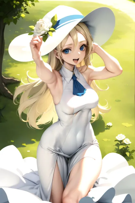 1girl, long hair, breasts, looking at viewer, smile, open mouth, blue eyes, blonde hair, hat, dress, flower, outdoors, teeth, sleeveless, armpits, white dress, tree, rose, white headwear, white flower, sun hat, hat flower, on head, sundress, masterpiece, b...