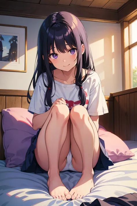 Countryside house, elementary school girl, 8 years old　Flat chest, black hair, long hair, purple eyes　smile　（one person）　Plain white short-sleeved T-shirt　Navy blue denim mini skirt　White panties（（I can see her panties）） barefoot　Rokutami room　Sit on a cus...