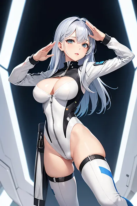 （（（highest quality、first-clasasterpiece、Normal body、8k、Detailed face、Ultra-precision、Normal hand、Normal finger、５Finger、）））Brightly colored hair、Silver Hair、Shortcuts、A tight, revealing pilot suit、Thin leotard pilot suit、See-through high-cut pilot suit、Naug...