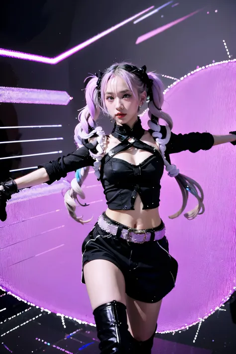 Best Quality, Ultra High Resolution, Cute, (KPOP Idol), (Long Twintail), (Light Purple Hair:1), ((Big Eyes)), Looking at you,
BREAK ((upper body:1.3)), Front View,A character with long, flowing silver hair and a slender build, wearing a black and white out...