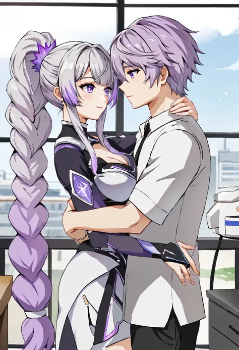 inji,1 girl,1 boy，embrace,purple_hair,purple_eye,very_length_hair,gray_hair,braiding_ponytail,big target_chest,slope_hair,