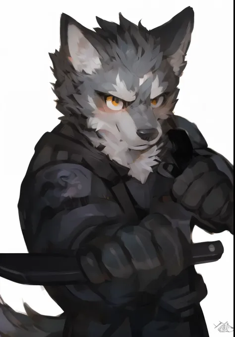 a close up of a person holding a knife and a cat, wolf odonnell, an anthro wolf, an anthropomorphic cyberpunk fox, furry character portrait, an anthropomorphic wolf, dark grey wolf odonnell, anthro wolf face, commission for high res, yee chong silverfox, a...