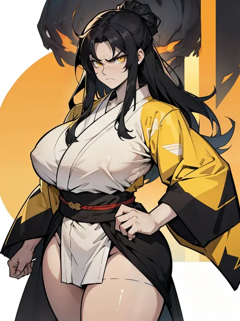 (1girl), black hair, (extremely long hair), yellow eyes, ((muscular)), (kimono), huge breasts, thick thighs, solo, angry, (pale skin)