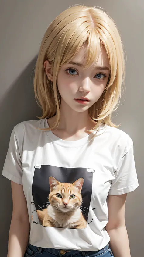 Masterpiece, best quality, super fine, 16k, medium hair, blonde color hair, T-shirt with cat illustration,