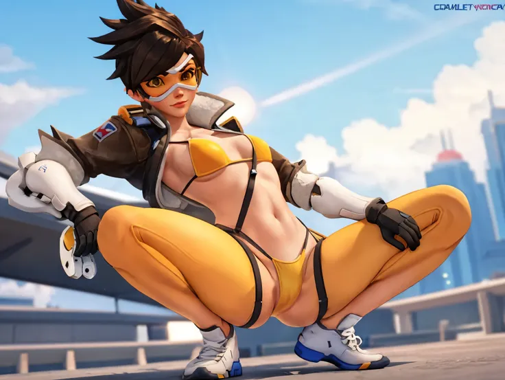 Tracer from overwatch is wearing a slutty bikini and posing for a porn. yellow sneakers, squatting, spread legs, sexy pose, front view, blushing, freckles, looking at viewer, small breasts, cameltoe, nsfw