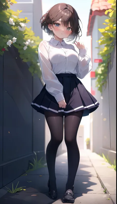 one girl、positive、from above、full body portrait、brown haired、medium haircut、blush、absolute area、knee socks、stockings、pantyhose、レ...