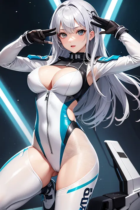 （（（highest quality、first-clasasterpiece、Normal body、8k、Detailed face、Ultra-precision、Normal hand、Normal finger、５Finger、）））Brightly colored hair、Silver Hair、Shortcuts、A tight, revealing pilot suit、Thin leotard pilot suit、See-through high-cut pilot suit、Naug...